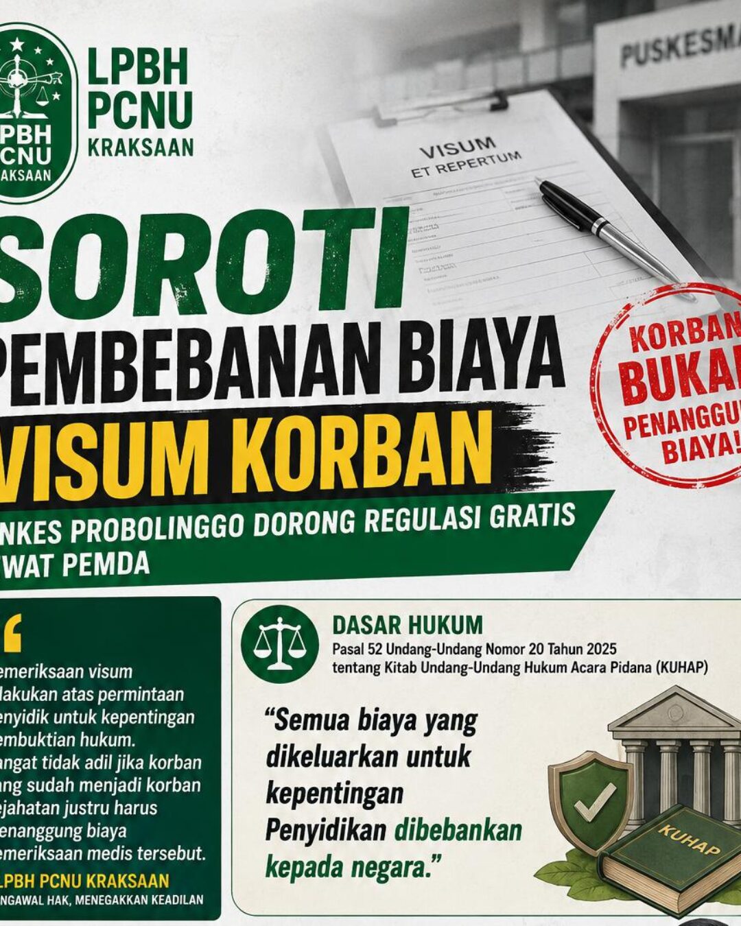LPBH PCNU Kraksaan Soroti Pembebanan Biaya Visum Korban, Dinkes Probolinggo Dorong Regulasi Gratis lewat Pemda