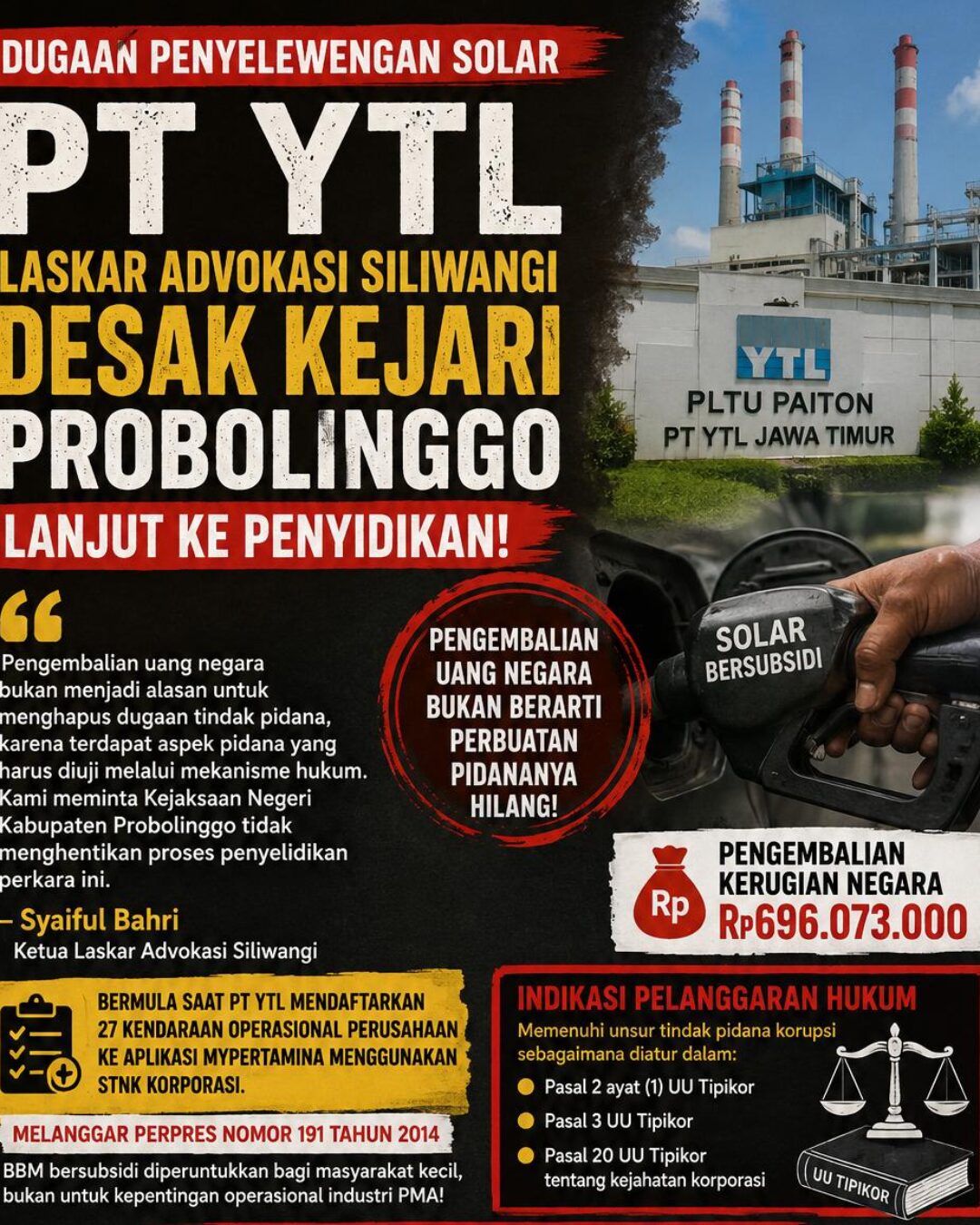 Dugaan Penyelewengan Solar PT YTL: Laskar Advokasi Siliwangi Desak Kejari Probolinggo Lanjut ke Penyidikan