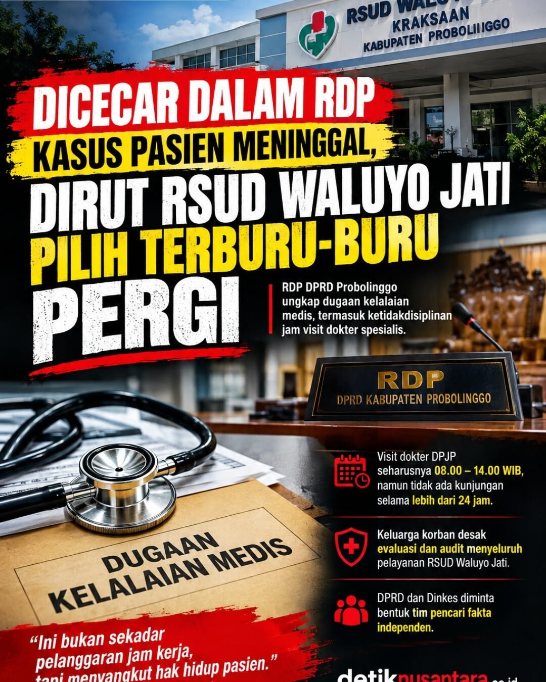 Dicecar dalam RDP Kasus Pasien Meninggal, Dirut RSUD Waluyo Jati Pilih Terburu-buru Pergi
